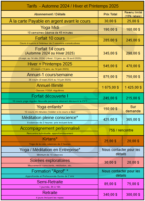 Tarifs Centre Yoga Chicoutimi 2024 2025